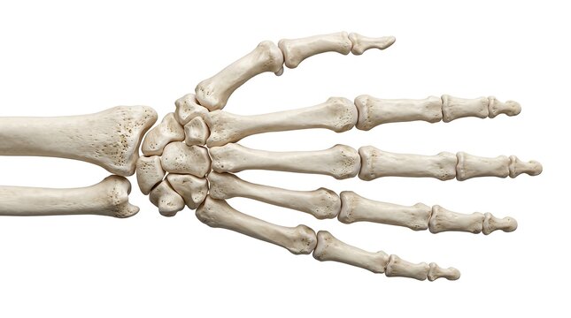 Anatomical illustration of the human hand bones, showcasing the metacarpals, carpals, and phalanges