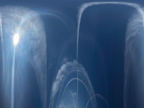 Sky image shows heavens with sun through clouds, contrails & shifting mist fog air above forming unusual aesthetic patterns. Filter added is sky polar coordinates from Photoshop.