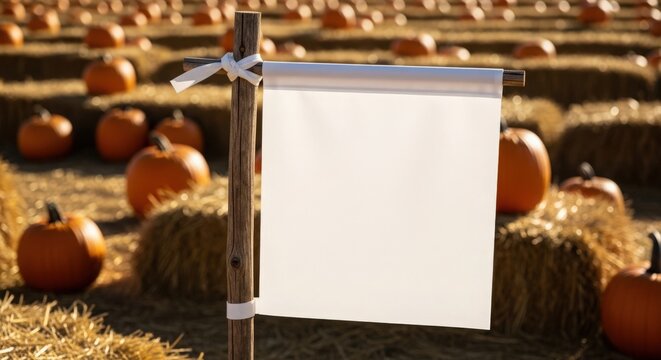 Blank street banner in pumpkin patch with hay bales and pumpkins in background. Seasonal setting showcases blank space for custom graphics or text,