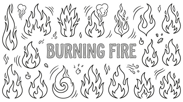 Set of fire flames hand drawn collection doodle style hot blaze.