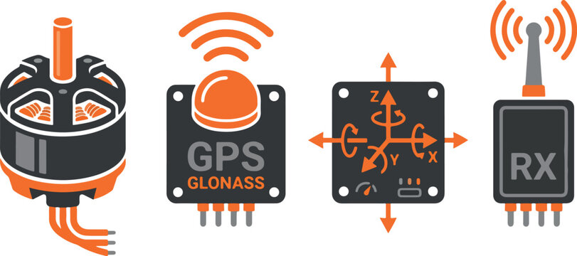 Electronic flight hardware icons for drone and robotics with motor gps glonass receiver and six axis sensor module.