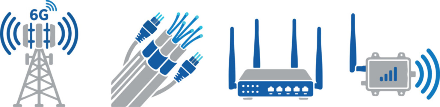 Network and internet communication infrastructure hardware icons including tower fiber optic cable router and modem.