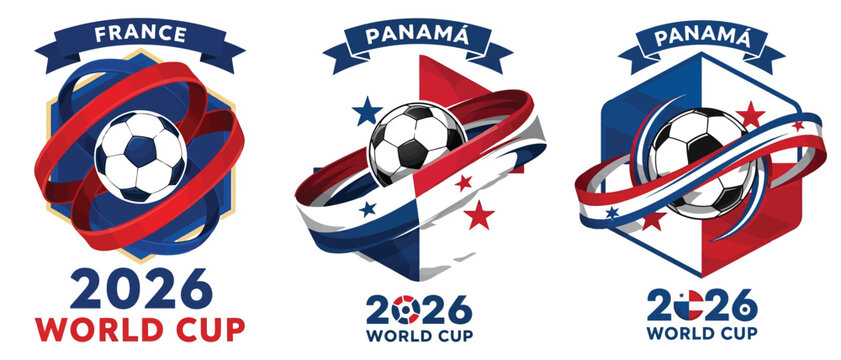 Soccer world cup 2026 emblem set with france and panama national flags and football ball