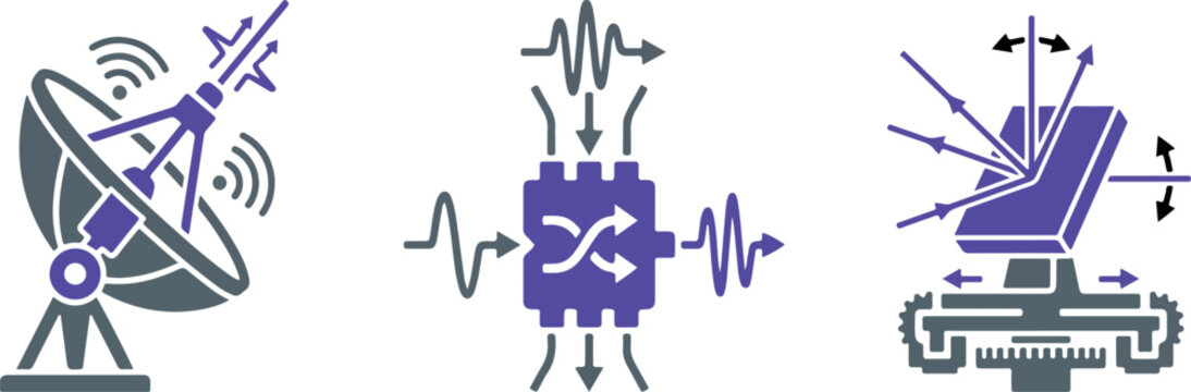 Signal processing data transmission and radar sensor vector icon set showing wave modulation and tracking technology.