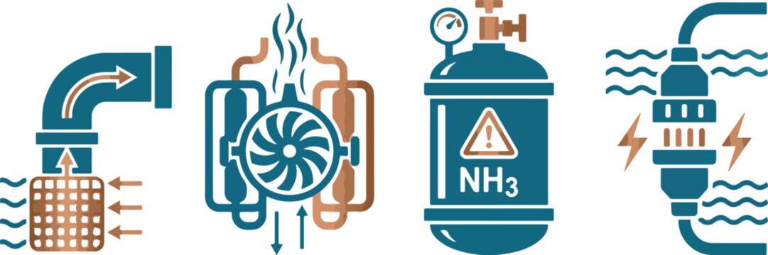 Water filter, fan cooler, ammonia tank and water purifier icons vector illustration.