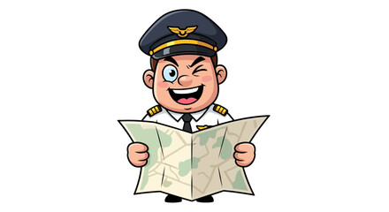 Cartoon airplane pilot character holding an open map and winking. © Anis