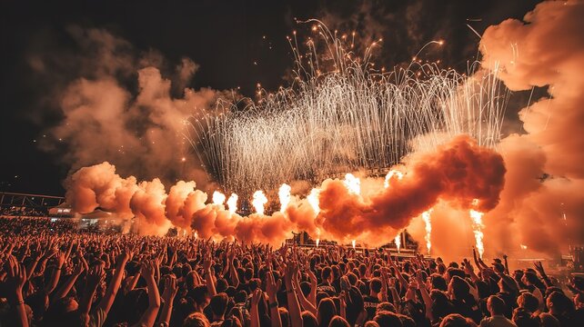 Dramatic view of crowd at concert during pyrotechnics display at night