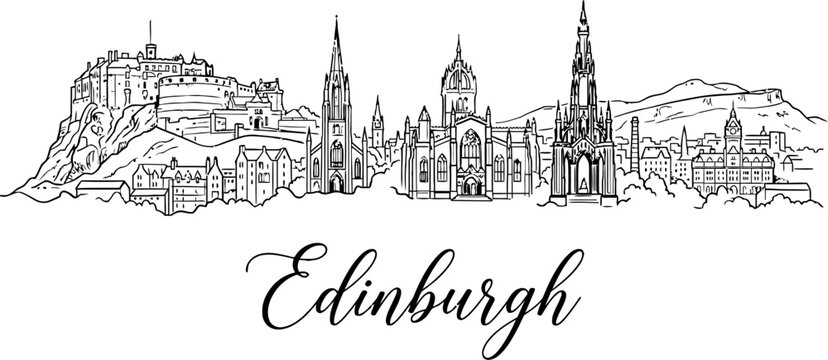 Black and white edinburgh city skyline with famous landmarks