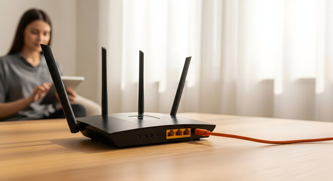 Modern black wireless internet router with antennas on wooden table in living room