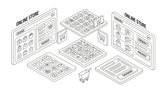 Isometric outline illustration of online store interface and ecommerce checkout process