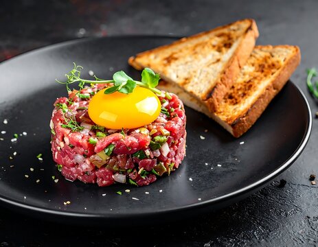 Steak tartare with egg and toast.