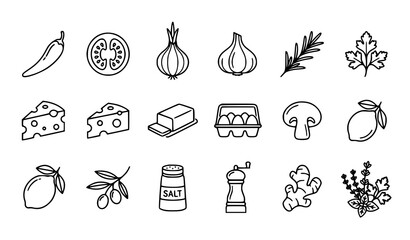 Minimal culinary ingredient outline icons with vegetables spices herbs and kitchen food elements © Shohel