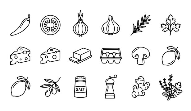 Minimal culinary ingredient outline icons with vegetables spices herbs and kitchen food elements