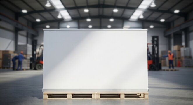 Blank street banner mockup displayed on wooden pallet in spacious warehouse with workers in background. Warehouse environment features industrial shelving and organized storage area.