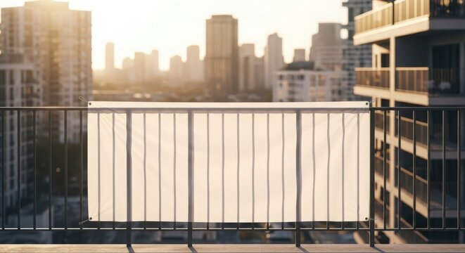 Urban balcony with blank banner against sunset skyline view, stylish condominium overlooking city landscape. Balcony presents opportunity for advertising or promotional display in urban environment.