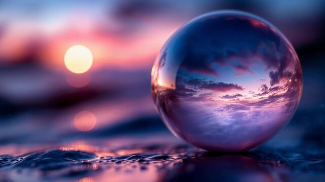 Crystal ball resting on wet neon sand reflecting a beautiful sunset over the ocean with soft waves