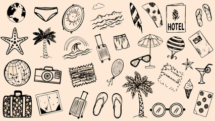 hand drawn travel themed doodles including globe swimsuit palm tree and hotel sign in sketch style © Unnati