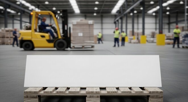 Warehouse scene with empty banner on wooden pallet and yellow forklift in background. Busy warehouse environment includes workers preparing shipments and managing inventory.