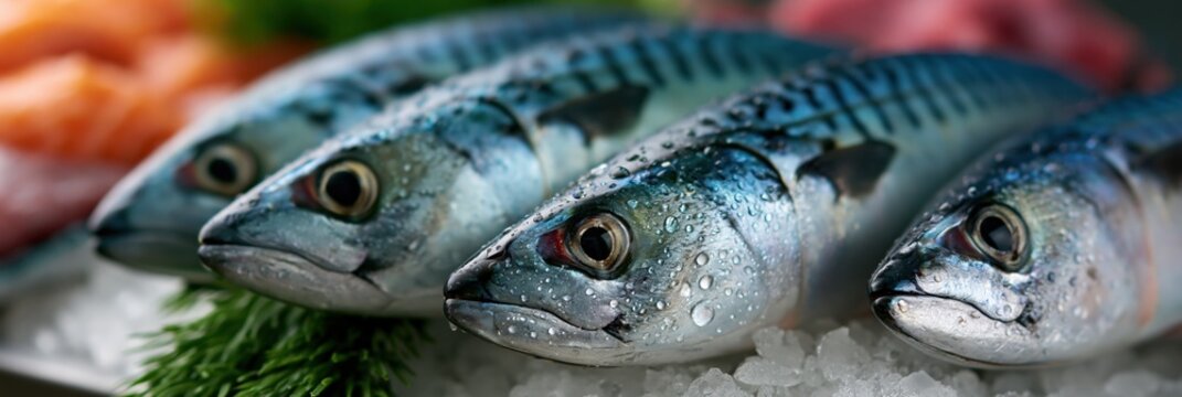 Row of fresh mackerel fish on crushed ice with water droplets and green garnish for seafood poster and culinary background design