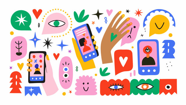 abstract illustration of mobile phones with faces and playful shapes in a colorful whimsical style