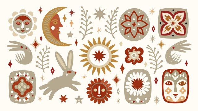 folk art inspired celestial pattern with sun moon stars floral motifs and animal figures in muted tones