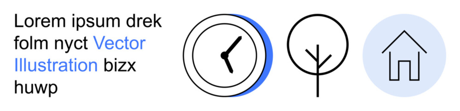 Time management, sustainability, housing, design, minimalism, modern living. Black clock, tree and a house icon with a blue accent. Time management and sustainability concepts