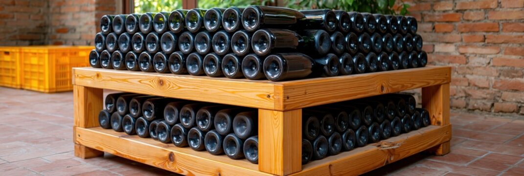 Closeup stacked wine bottles on a wooden rack pallet in a rustic cellar for storage background and product packaging display