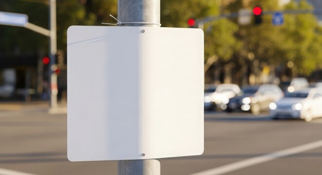 Blank street banner mockup on pole near busy intersection with cars and traffic lights in the background. This mockup displays a clean, white canvas for promotional use in urban settings.