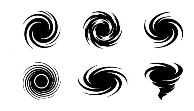 Black Hurricane Swirl Icons, Cyclone Vortex Symbols, Tornado Spiral Graphics, Weather Storm Elements