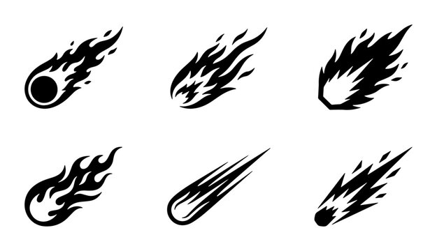 Fiery Meteor Icons, Cosmic Fireball Vector Set, Celestial Impact Symbols, Space Comet Graphics