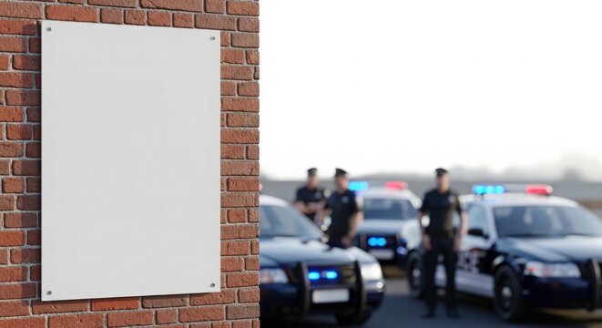Blank street banner mockup on brick wall with police cars and officers in background.