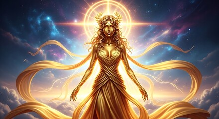 Fototapeta premium Golden Goddess of the Cosmos Ascending in a Celestial Realm.