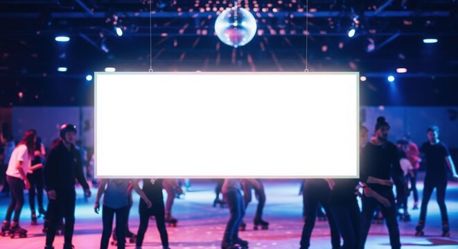 Roller skating party with illuminated disco ball and vibrant lights, people enjoying evening on roller skates around empty banner space.