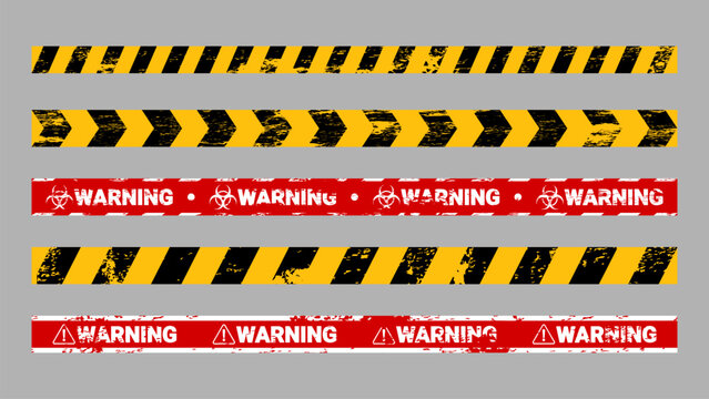 Warning and Caution Tape Collection with Grunge Texture, Hazard Stripes and Distressed Safety Barrier Designs
