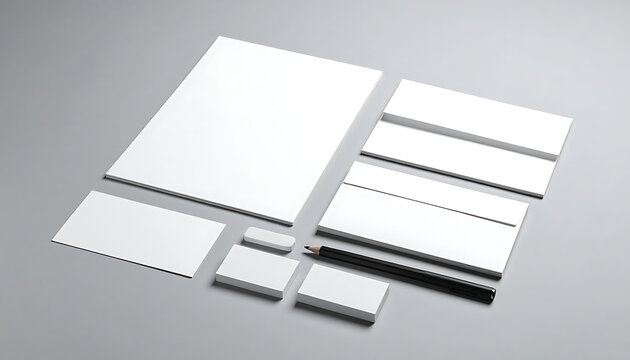 Blank stationery set including letterhead, envelopes, and business cards, arranged on a neutral grey surface, ideal for brand identity mockups or corporate presentation.