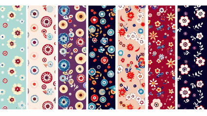 floral pattern swatches a row of eight vertical rectangular fabric designs with colorful botanical motifs © Unnati