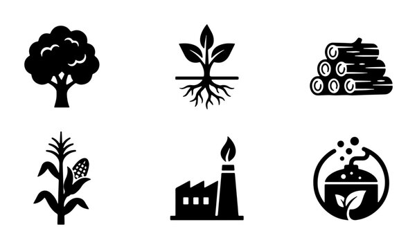 Agriculture and Industry Icons: Tree, Plant, Wood, Corn, Factory, Compost Set