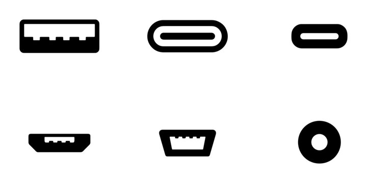 USB Connector Icons Set, Universal Serial Bus Port Symbols, Technology Interface Graphics, Data Transfer Connections