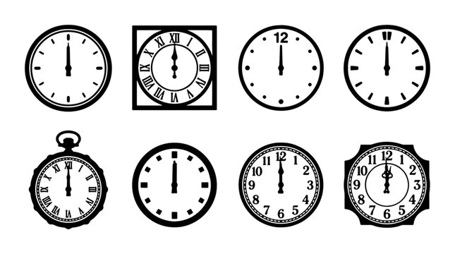 Set of 8 Vintage Clock Icons, Round and Square Timepiece Graphics, Classic Analog Watch Faces, Black and White Vector Collection