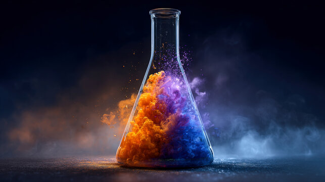 Vibrant liquids mix in chemistry flask creating colorful patterns and effects in dark studio