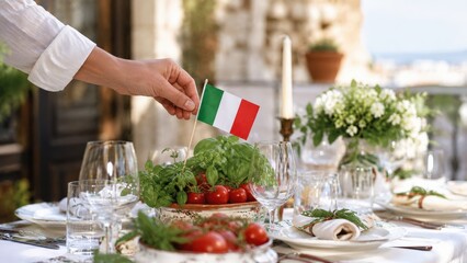 A Beautifully Set Italian Dining Table Decorated with Fresh Vegetables and Herbs, Featuring a Small Italian Flag to Celebrate Culinary Heritage