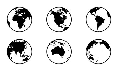 Obraz premium Global Earth Icons Set: Continents, World Map Views, Planet Graphics for International Concepts
