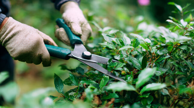Hands cut shrub with hedge clippers during gardening activity in the backyard