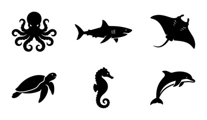 Obraz premium Oceanic Wildlife Silhouettes: Octopus, Shark, Manta Ray, Turtle, Seahorse, Dolphin Icons for Marine Themes