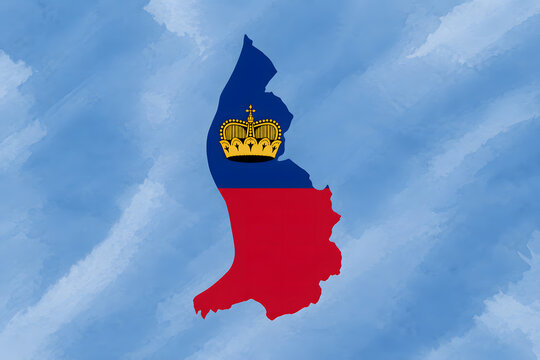 Liechtenstein map with national flag and crown on watercolor background
