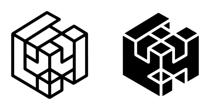 Geometric Abstract Cube Logo Icons, 2D & 3D Optical Illusion Designs, Modern Minimalist Branding Elements, Black and White Vector Graphics