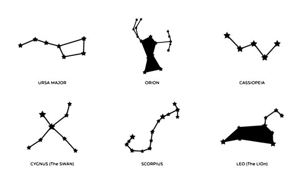 Constellation Set: Ursa Major, Orion, Cassiopeia, Cygnus, Scorpius, Leo, Celestial Maps, Astronomical Icons, Star Patterns, Zodiac Signs, Space Graphics