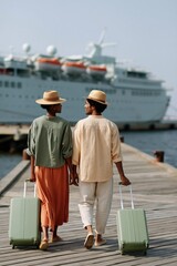 Fototapeta premium Couple walking hand in hand on a pier with matching suitcases toward a cruise ship for travel banner and romantic vacation background