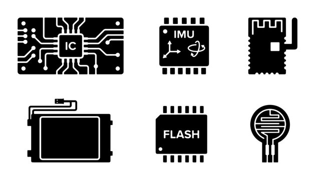 Electronic Components Icons: Microchip, IMU, Flash Memory, Sensor, Circuit Board, Module Vector Set