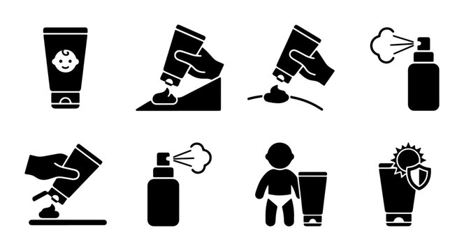 Sunscreen Application Icons Set, Skincare Product Usage Pictograms, Baby Care Cream Dispensing Vector Graphics